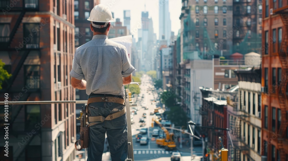 Construction Engineer on Scaffolding Reviewing Blueprints, City Street Below Construction Engineer on Scaffolding Reviewing Blueprints, City Street Below