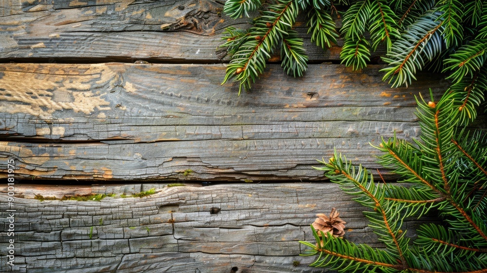View from top of aged wooden surface with green spruce branch View from top of aged wooden surface with green spruce branch