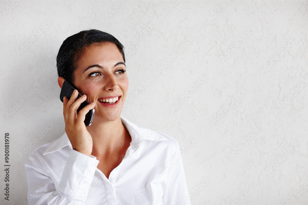 Phone call, discussion and business woman in office for contact, schedule meeting or project feedback. Mockup, professional and person for negotiation, networking or talking to client at media agency Phone call, discussion and business woman in office for contact, schedule meeting or project feedback. Mockup, professional and person for negotiation, networking or talking to client at media agency