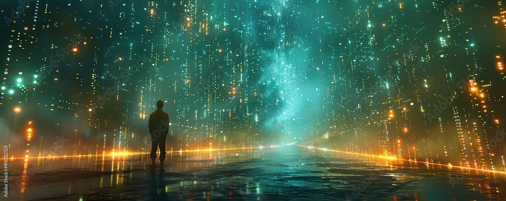 Naklejka premium A lone figure stands in a futuristic city with glowing lights and a shimmering sky.