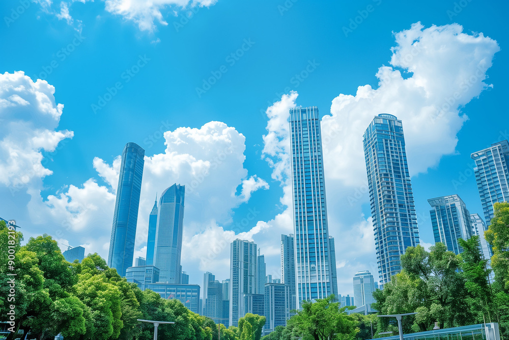 Skyscrapers Reaching into a Bright Blue Sky with White Clouds on a Sunny Day Skyscrapers Reaching into a Bright Blue Sky with White Clouds on a Sunny Day