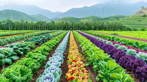 Organic farm with varied crops, sustainable farming, encouraging agricultural biodiversity photo