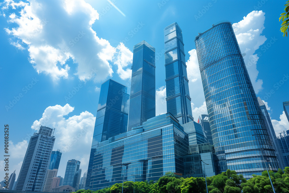 Skyscrapers Reaching into a Bright Blue Sky with White Clouds on a Sunny Day Skyscrapers Reaching into a Bright Blue Sky with White Clouds on a Sunny Day