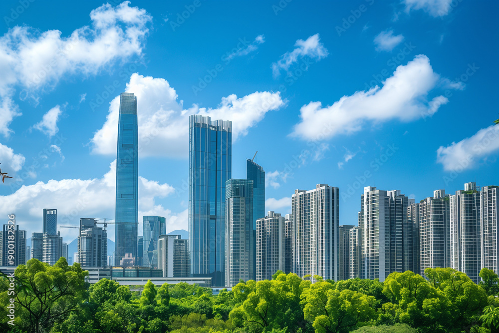 Skyscrapers Reaching into a Bright Blue Sky with White Clouds on a Sunny Day Skyscrapers Reaching into a Bright Blue Sky with White Clouds on a Sunny Day