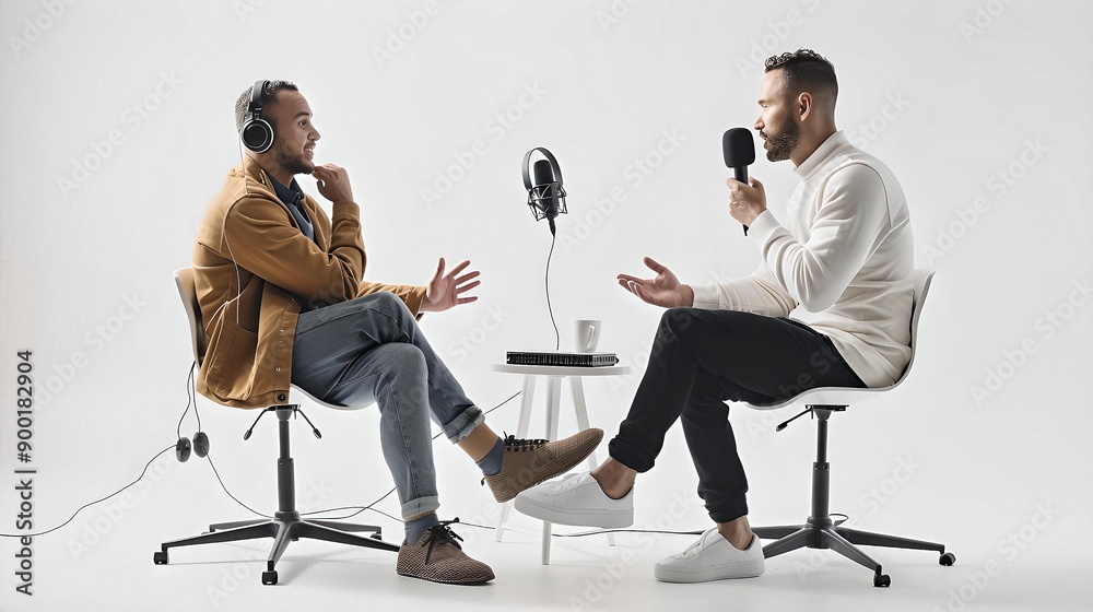 Obraz premium Two men engaged in a podcast recording session, with one speaking into a microphone and the other wearing headphones. 