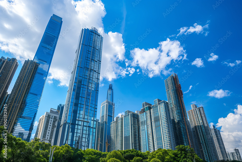 Skyscrapers Reaching into a Bright Blue Sky with White Clouds on a Sunny Day Skyscrapers Reaching into a Bright Blue Sky with White Clouds on a Sunny Day