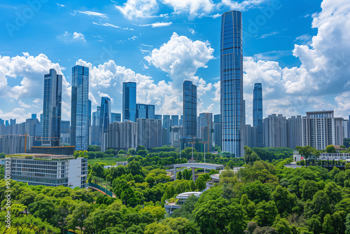 Skyscrapers Reaching into a Bright Blue Sky with White Clouds on a Sunny Day