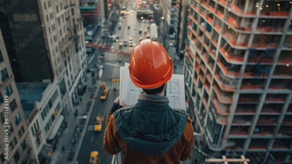 Fototapeta premium Construction Engineer on Scaffolding Reviewing Blueprints, City Street Below