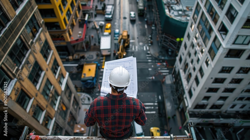 Construction Engineer on Scaffolding Reviewing Blueprints, City Street Below Construction Engineer on Scaffolding Reviewing Blueprints, City Street Below