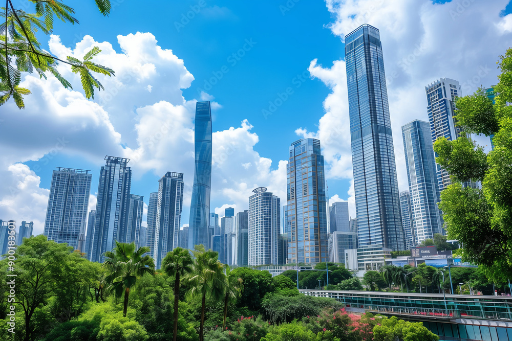 Skyscrapers Reaching into a Bright Blue Sky with White Clouds on a Sunny Day