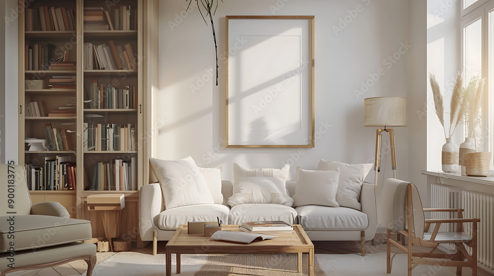 Picture frame with line art by a reading coffee table in a living room Picture frame with line art by a reading coffee table in a living room