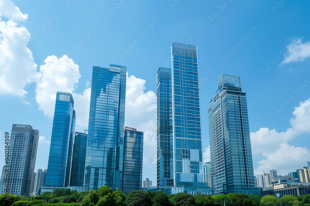 Skyscrapers Reaching into a Bright Blue Sky with White Clouds on a Sunny Day Skyscrapers Reaching into a Bright Blue Sky with White Clouds on a Sunny Day
