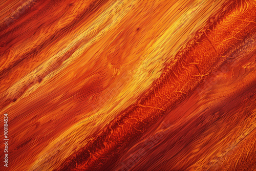 Close-Up of Vibrant Red and Orange Wood Texture with Detailed Grain
