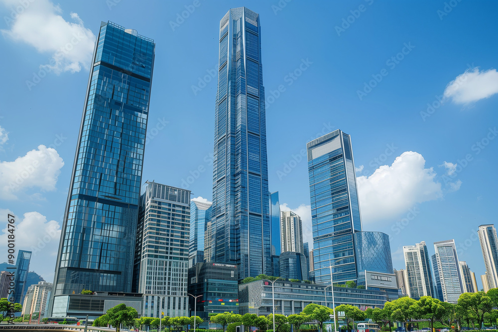 Skyscrapers Reaching into a Bright Blue Sky with White Clouds on a Sunny Day Skyscrapers Reaching into a Bright Blue Sky with White Clouds on a Sunny Day