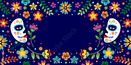 Hispanic heritage month background. Vector web banner, poster, card for social media, networks. Greeting with national Hispanic heritage month, floral pattern and Calavera mask on black background.