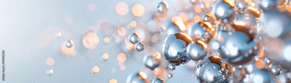 Abstract background with shiny, metallic spheres and soft, blurred lights.