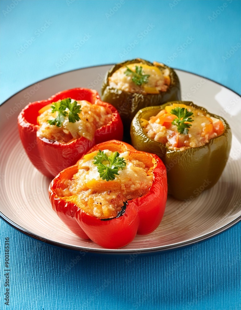 Tasty dish stuffed bell peppers on blue background Tasty dish stuffed bell peppers on blue background