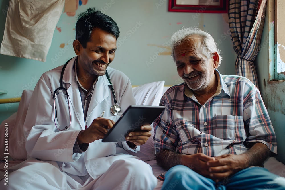 Obraz premium Indian doctor showing happy old man something on tablet in clinic.
