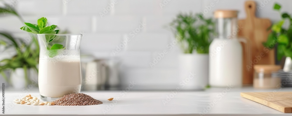 Glass of oat milk with mint leaves on white countertop Glass of oat milk with mint leaves on white countertop