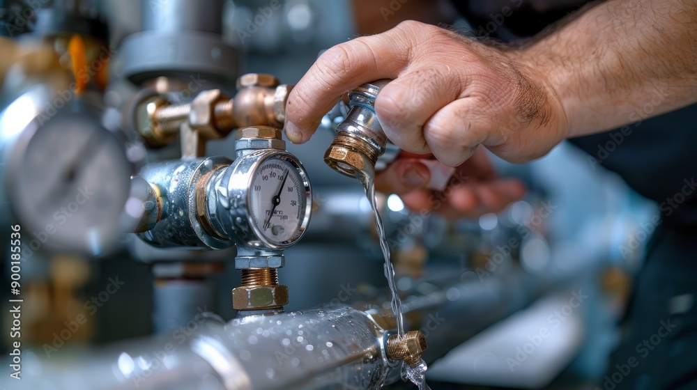 A technician adjusts a valve on a water pipe, monitoring pressure gauges, showcasing plumbing and maintenance work. A technician adjusts a valve on a water pipe, monitoring pressure gauges, showcasing plumbing and maintenance work.