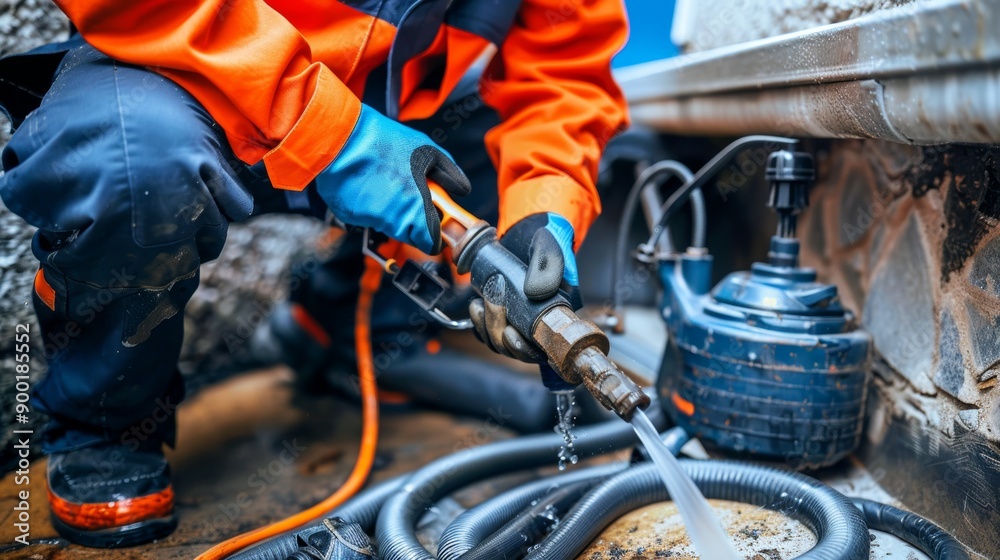 A technician in an orange uniform uses a high-pressure washer to clean surfaces at a construction site with precision and care. A technician in an orange uniform uses a high-pressure washer to clean surfaces at a construction site with precision and care.