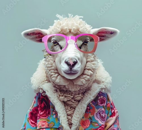 Funny sheep with sunglasses and colorful clothes.

 photo