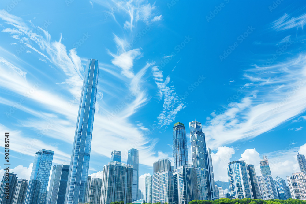 Skyscrapers Reaching into a Bright Blue Sky with White Clouds on a Sunny Day Skyscrapers Reaching into a Bright Blue Sky with White Clouds on a Sunny Day