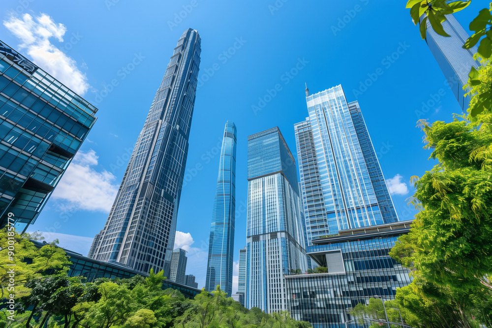 Skyscrapers Reaching into a Bright Blue Sky with White Clouds on a Sunny Day Skyscrapers Reaching into a Bright Blue Sky with White Clouds on a Sunny Day