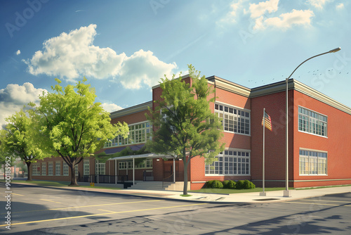 Illustration of a Modern School Building on a Sunny Day with Trees
