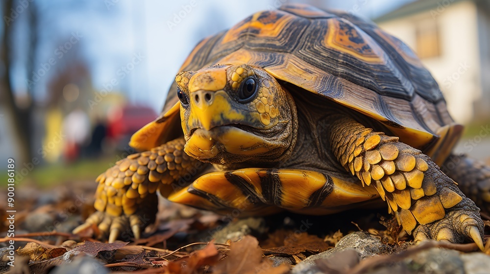 Naklejka premium A turtle in the big city of road 