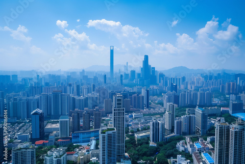 Skyscrapers Reaching into a Bright Blue Sky with White Clouds on a Sunny Day