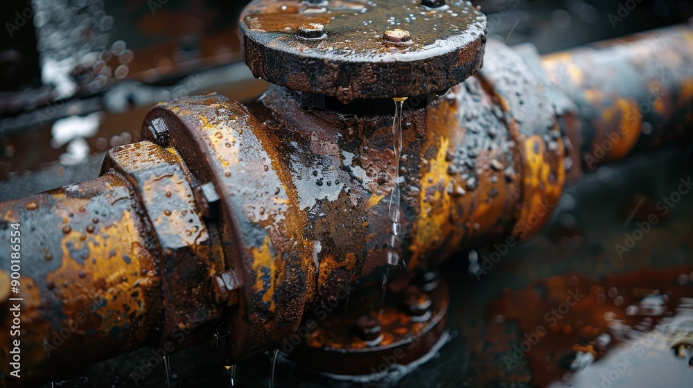 Close-up of a rusty pipe valve dripping water, showcasing weathered metal with textures and details from years of use. Close-up of a rusty pipe valve dripping water, showcasing weathered metal with textures and details from years of use.