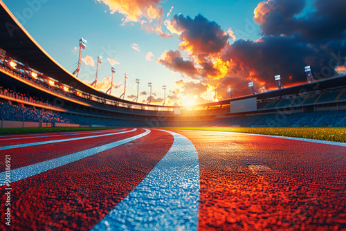 A stadium with a red running track is captured at sunset, the vibrant colors creating a dramatic and inspiring backdrop for athletic achievements.