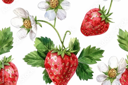 A delicate watercolor illustration of strawberries with leaves and white blossoms. The strawberries are depicted i