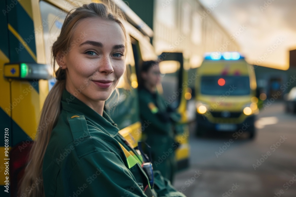 A woman in green uniform standing next to ambulance with other people. AI. A woman in green uniform standing next to ambulance with other people. AI.