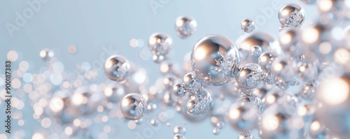 Abstract background with silver spheres floating in the air.