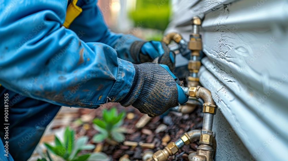 Close-up of a worker repairing a plumbing connection on an exterior wall, showcasing tools and fittings in action. Close-up of a worker repairing a plumbing connection on an exterior wall, showcasing tools and fittings in action.