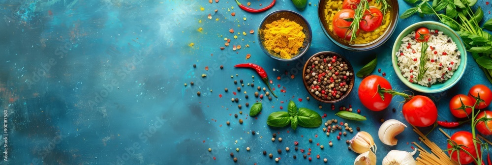Top view of colorful spices, herbs, and vegetables on a turquoise background. Emphasizing vibrant and healthy ingredients Top view of colorful spices, herbs, and vegetables on a turquoise background. Emphasizing vibrant and healthy ingredients