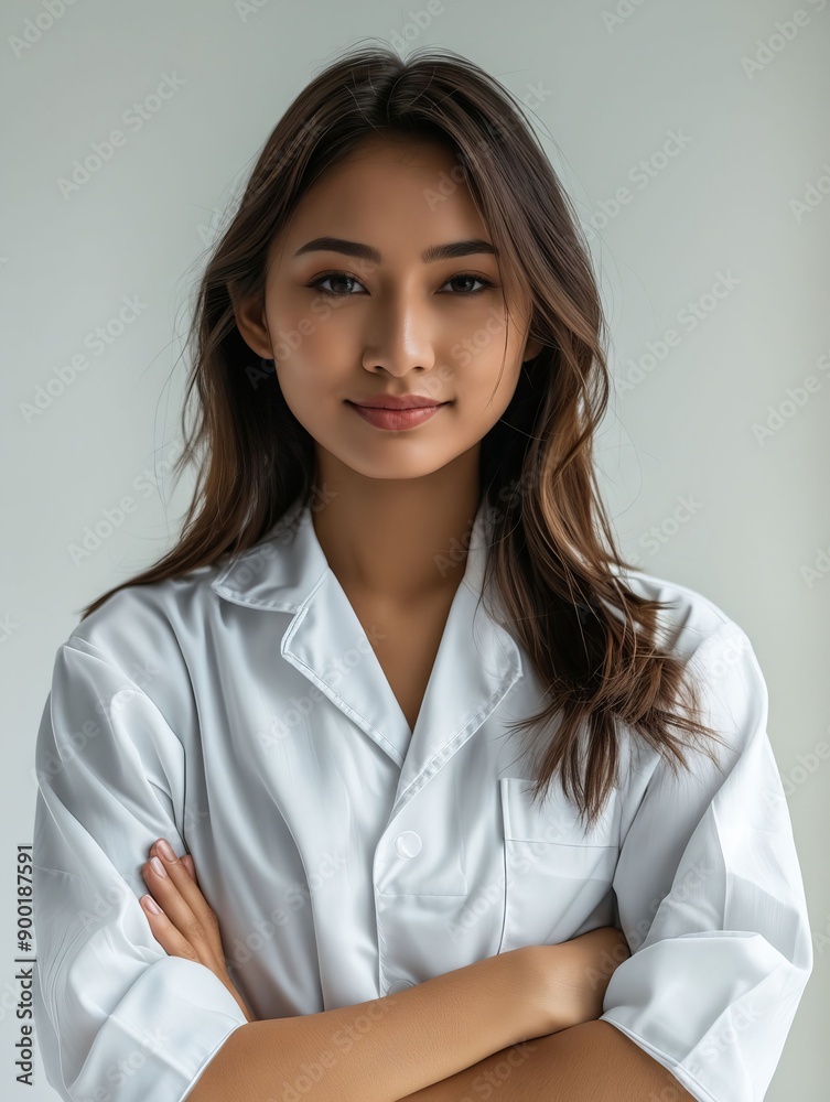 A woman in a white lab coat with her arms crossed A woman in a white lab coat with her arms crossed