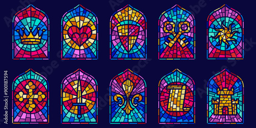 Church glass windows. Gothic vector arch frame with medieval symbols. Vintage architecture elements. Stained color mosaic decoration set with crown, heart, shield and sword