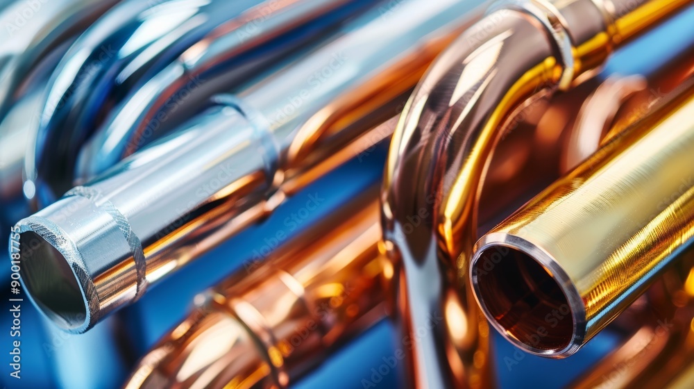 Naklejka premium Close-up of shiny metal pipes showcasing different textures and colors. Perfect for illustrating plumbing or industrial themes.