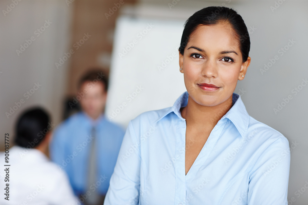 Fototapeta premium Smile, business and woman with portrait in office for work in performance monitoring and compliance. Investor relations manager, confident and proud for financial reporting and partnership management