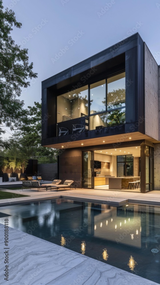 A modern house with a pool and patio area in the backyard. AI. A modern house with a pool and patio area in the backyard. AI.