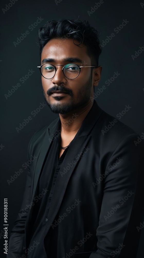 A man in a black suit and glasses posing for a picture A man in a black suit and glasses posing for a picture