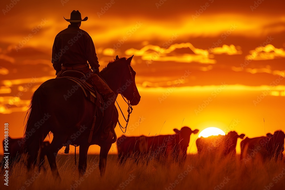 Cowboy herding cattle at sunset with orange sky.
Cowboy herding cattle at sunset with orange sky.