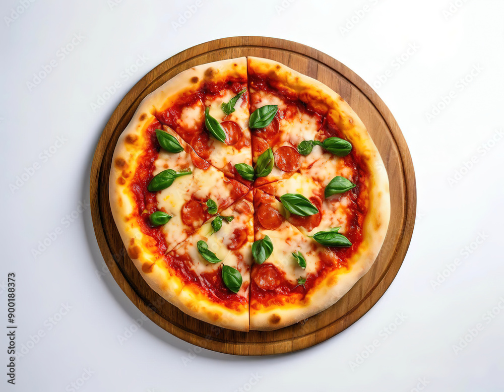 pizza on a wooden plate on a white background. top view. pizza on a wooden plate on a white background. top view.