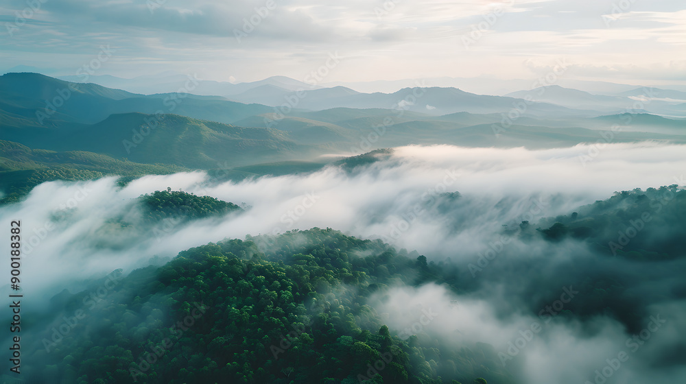 Obraz premium Foggy landscape in mountains. Fog and cloud mountain tropic valley landscape. aerial view, landscapes illustration