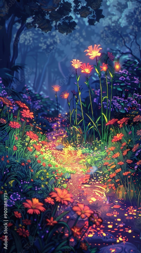 Obraz premium Pixel art enchanted meadow, glowing flowers, mystical atmosphere, fantasy