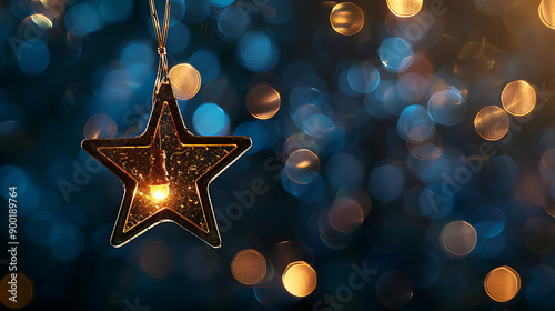 Gold star light hanging on dark background