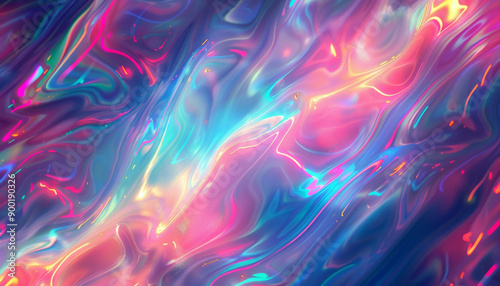 Colorful abstract iridescent fluid painting with vibrant swirls and waves